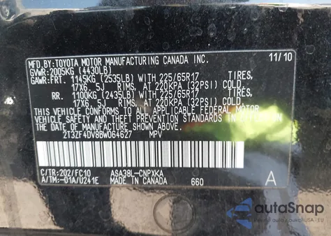 2011 Toyota Rav4 z USA, uszkodzony, nr VIN 2T3ZF4DV8BW064627